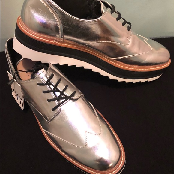 Zara Platform Silver Oxford Lace up Brogues SZ 11